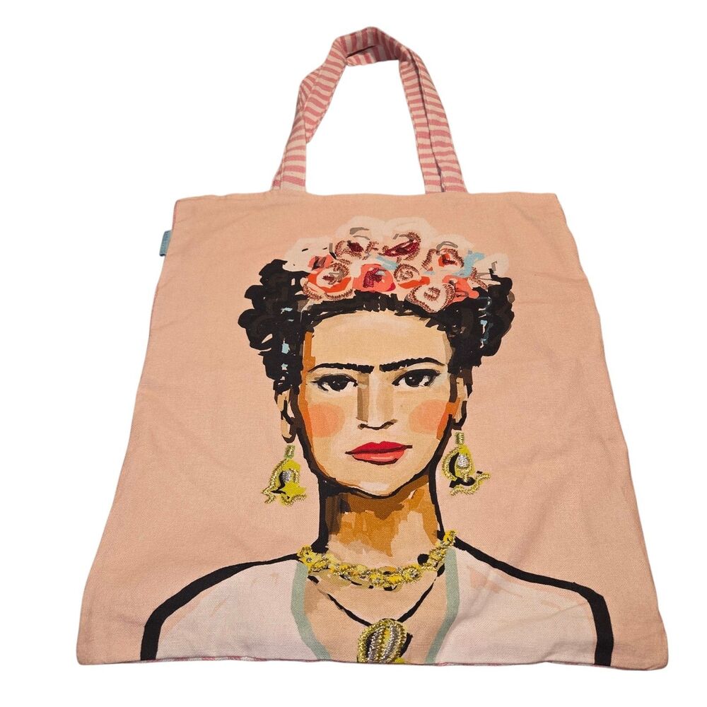 Karma Living Frida Kahlo Cotton Tote Bag Pink Striped Embroidered Graphic Boho